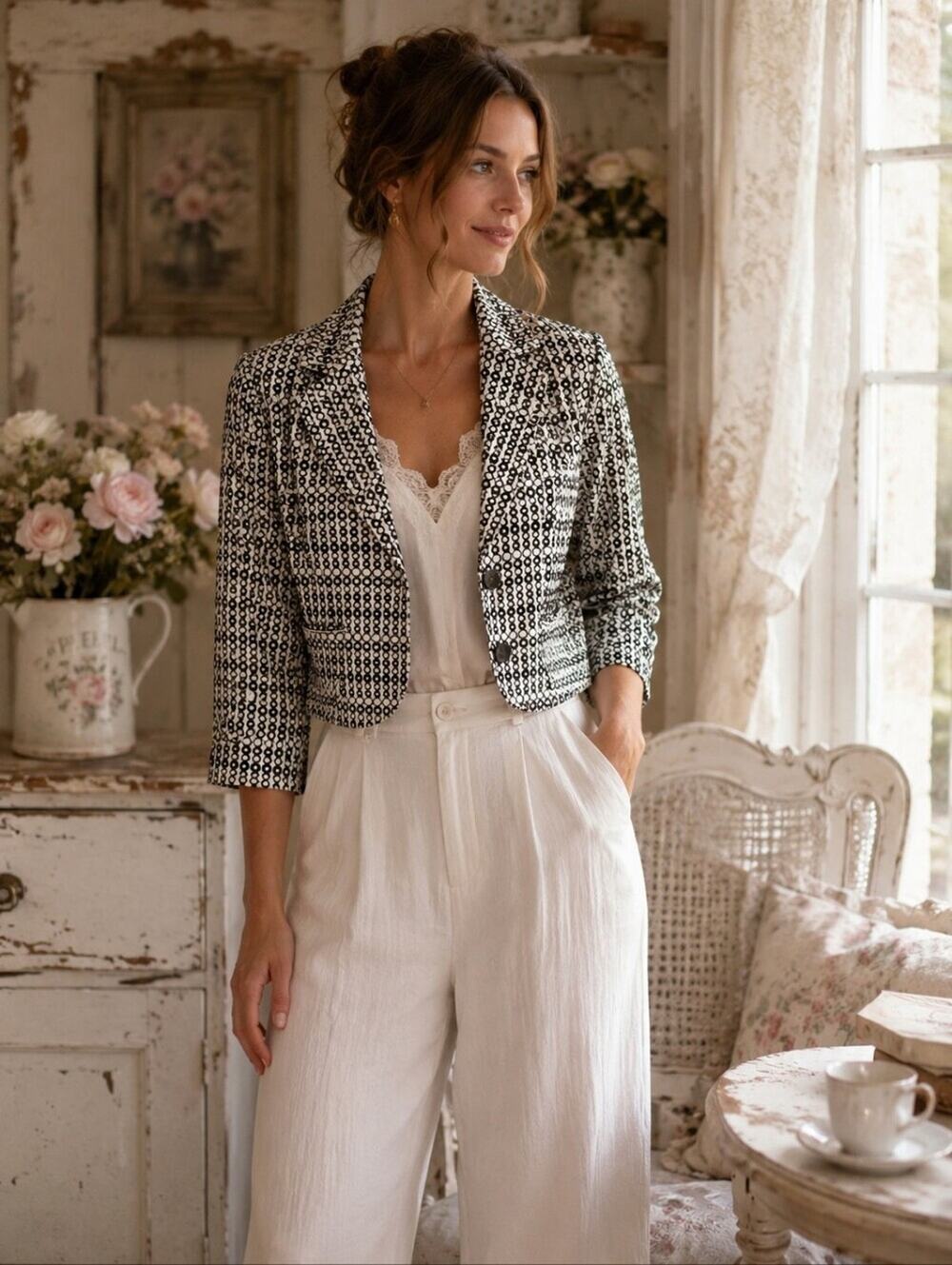 CAbi Black White Geometric Cropped Blazer Jacket‎ Size 4 Chic Career Layering